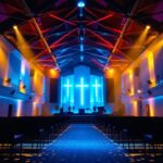 A photograph of a beautifully lit church sanctuary showcasing vibrant led lighting installations