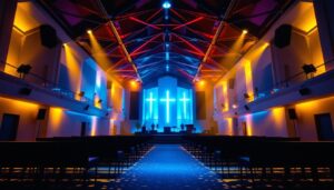 A photograph of a beautifully lit church sanctuary showcasing vibrant led lighting installations