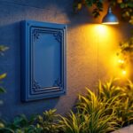 A photograph of a beautifully designed outdoor electrical box cover integrated into a stylish garden or patio setting