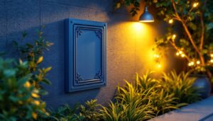 A photograph of a beautifully designed outdoor electrical box cover integrated into a stylish garden or patio setting