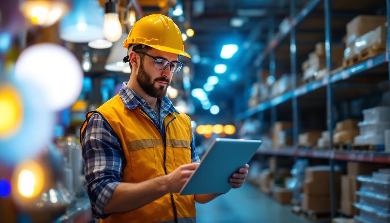A photograph of a lighting contractor examining a variety of high-quality wholesale lighting products in a well-organized warehouse
