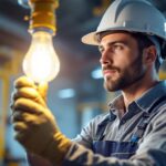 A photograph of a skilled lighting contractor installing an industrial lamp bulb in a commercial setting