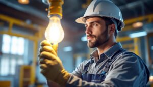 A photograph of a skilled lighting contractor installing an industrial lamp bulb in a commercial setting
