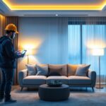 A photograph of a modern living room showcasing smart lighting solutions in action