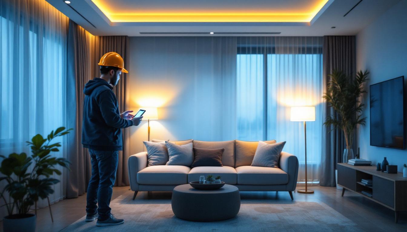 A photograph of a modern living room showcasing smart lighting solutions in action