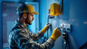 A photograph of a lighting contractor efficiently installing or working with washer and dryer plugs in a residential setting