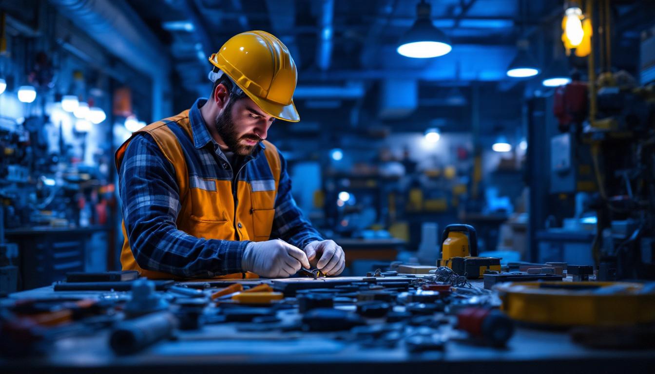A photograph of a lighting contractor examining a variety of electrical tombstones and lighting fixtures in a well-lit workspace