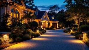 A photograph of a beautifully illuminated driveway at dusk