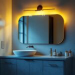 A photograph of a well-lit bathroom vanity featuring stylish yet affordable vanity lights
