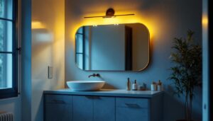 A photograph of a well-lit bathroom vanity featuring stylish yet affordable vanity lights