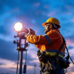 A photograph of a lighting contractor installing or inspecting stadium lights at dusk