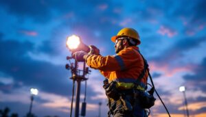 A photograph of a lighting contractor installing or inspecting stadium lights at dusk