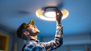 A photograph of a skilled contractor installing an 8-inch led recessed light in a modern ceiling