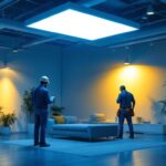 A photograph of a well-lit interior space showcasing a sleek 2x2 led light fixture installed in a modern setting
