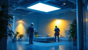 A photograph of a well-lit interior space showcasing a sleek 2x2 led light fixture installed in a modern setting