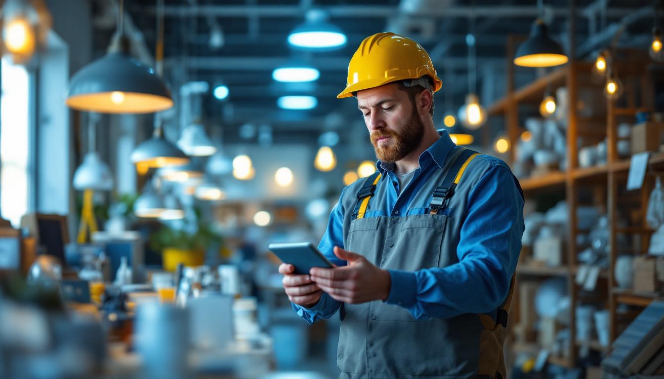 A photograph of a lighting contractor examining various light fixtures and materials in a well-lit showroom