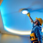 A photograph of a lighting contractor installing a led recessed conversion kit in a modern ceiling