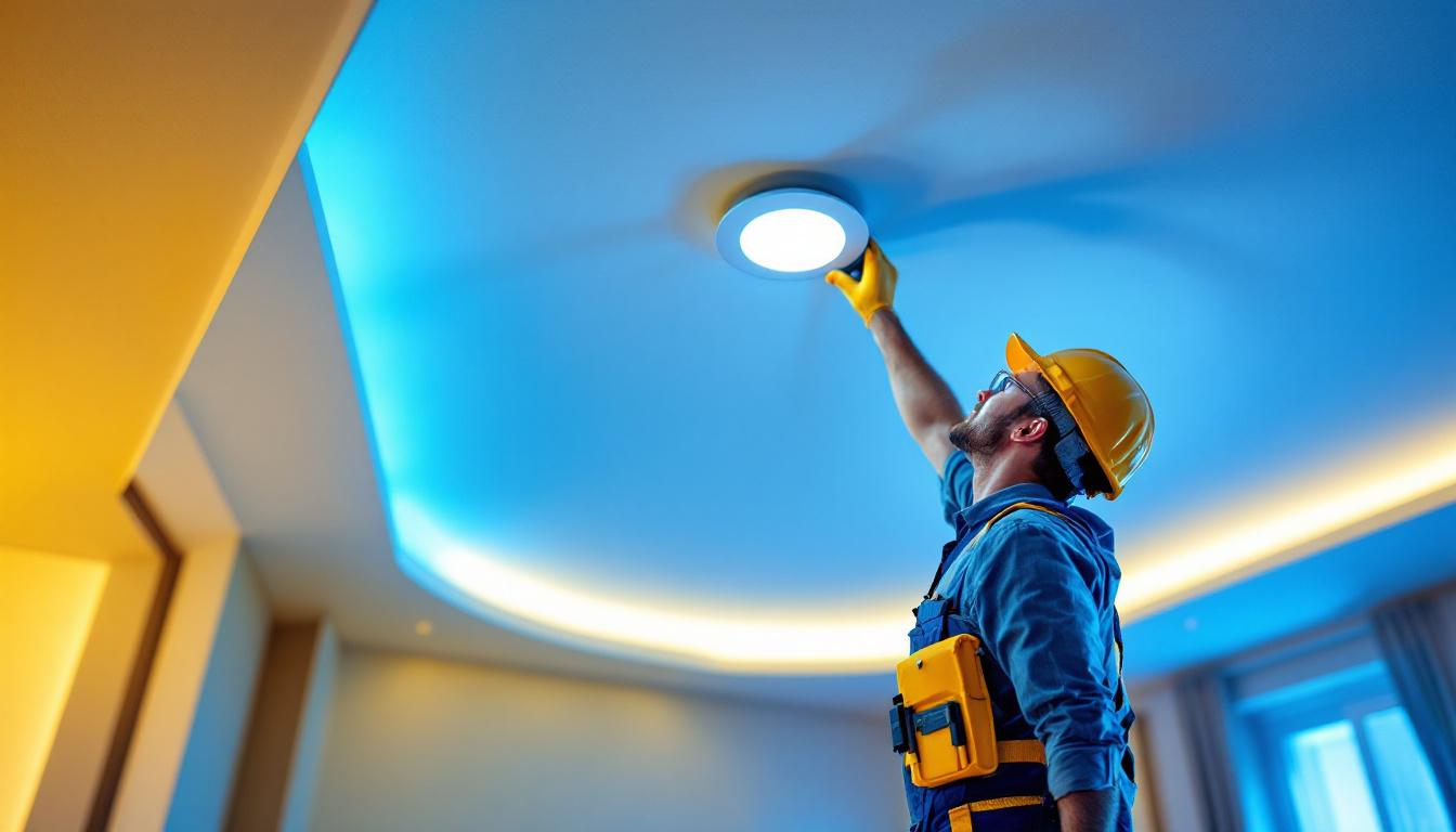 A photograph of a lighting contractor installing a led recessed conversion kit in a modern ceiling