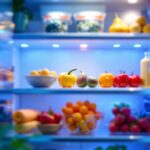 A photograph of a close-up shot of a modern refrigerator interior showcasing bright led lights illuminating fresh produce and organized shelves