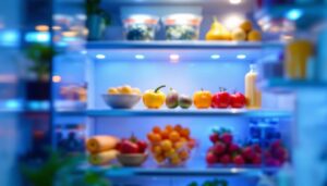 A photograph of a close-up shot of a modern refrigerator interior showcasing bright led lights illuminating fresh produce and organized shelves