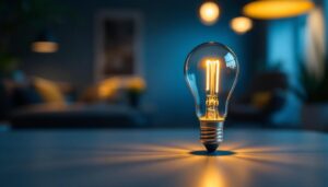 A photograph of a stylishly designed led type b bulb illuminated in a contemporary setting