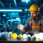 A photograph of a lighting contractor examining a range of fluorescent led replacement bulbs in a well-lit workspace