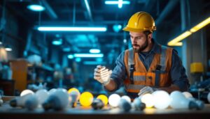 A photograph of a lighting contractor examining a range of fluorescent led replacement bulbs in a well-lit workspace