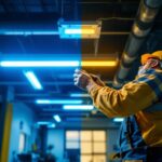 A photograph of a lighting contractor installing led fixtures in a commercial space