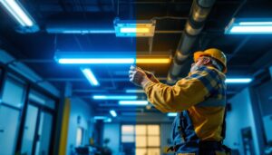 A photograph of a lighting contractor installing led fixtures in a commercial space