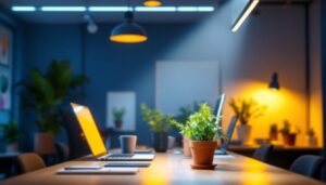 A photograph of a well-lit workspace featuring 8ft led tube lights illuminating the area