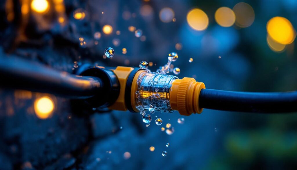 A photograph of a close-up shot of waterproof low voltage wire connectors in use