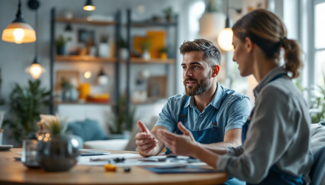 A photograph of a lighting contractor engaged in a consultation with a homeowner