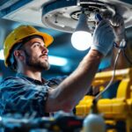 A photograph of a lighting contractor expertly working on a fixture