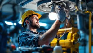 A photograph of a lighting contractor expertly working on a fixture