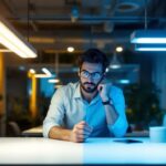 A photograph of a side-by-side comparison of a fluorescent light fixture and an led light fixture in a well-lit workspace