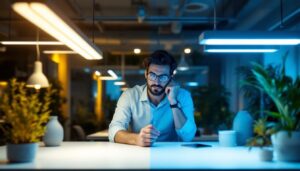 A photograph of a side-by-side comparison of a fluorescent light fixture and an led light fixture in a well-lit workspace
