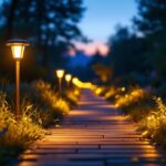 A photograph of a beautifully illuminated pathway lined with solar-powered led lights in a serene outdoor setting during twilight