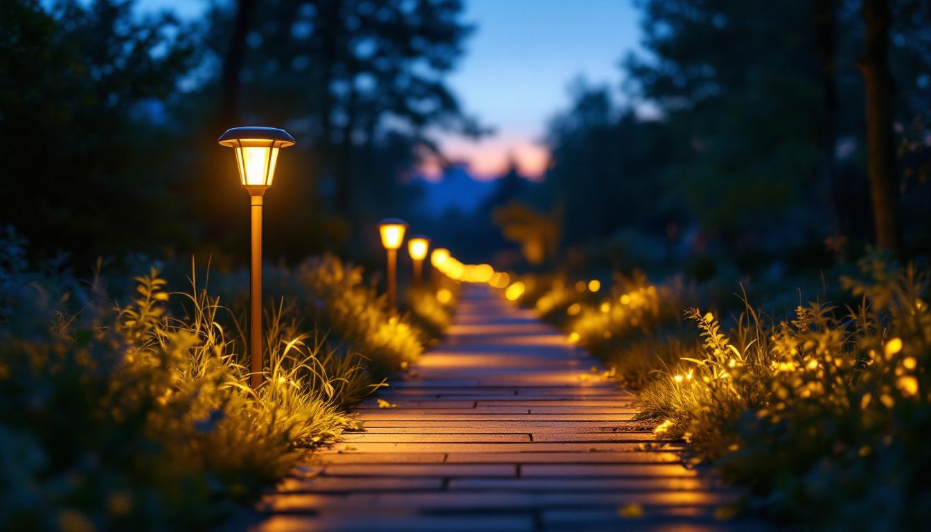 A photograph of a beautifully illuminated pathway lined with solar-powered led lights in a serene outdoor setting during twilight