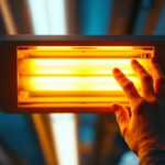 A photograph of a close-up of a fluorescent light fixture in use