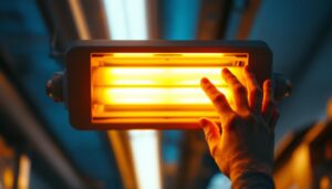 A photograph of a close-up of a fluorescent light fixture in use