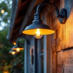 A photograph of a beautifully designed gooseneck barn light fixture installed in a rustic outdoor setting