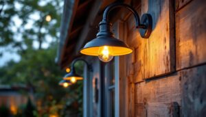 A photograph of a beautifully designed gooseneck barn light fixture installed in a rustic outdoor setting