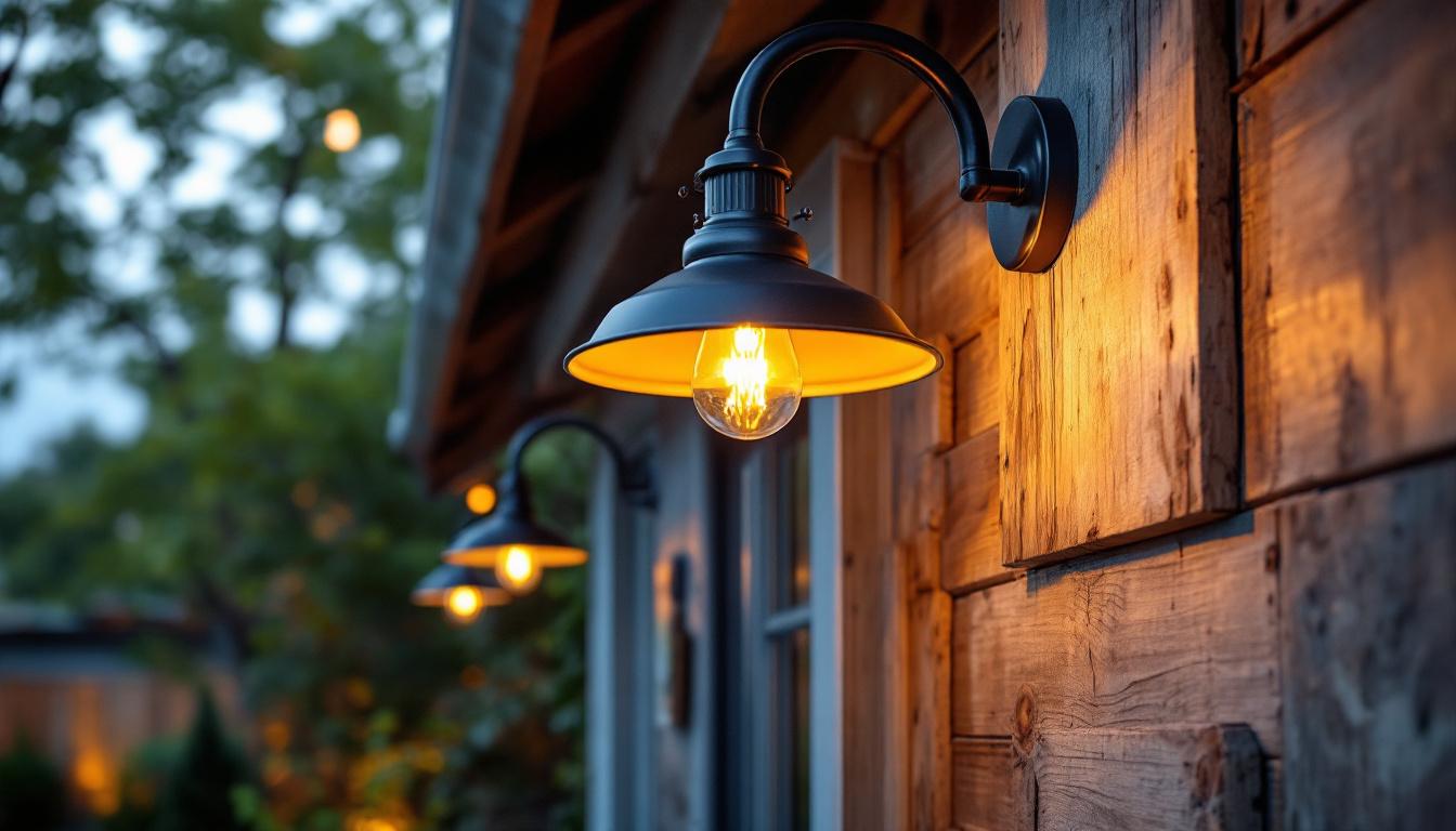 A photograph of a beautifully designed gooseneck barn light fixture installed in a rustic outdoor setting