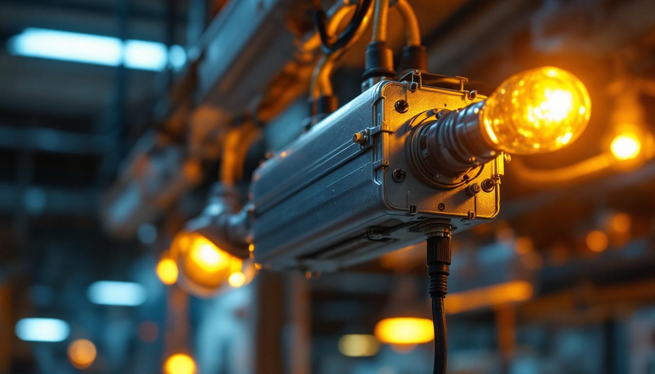 A photograph of a high-pressure sodium ballast installed in a commercial lighting setup