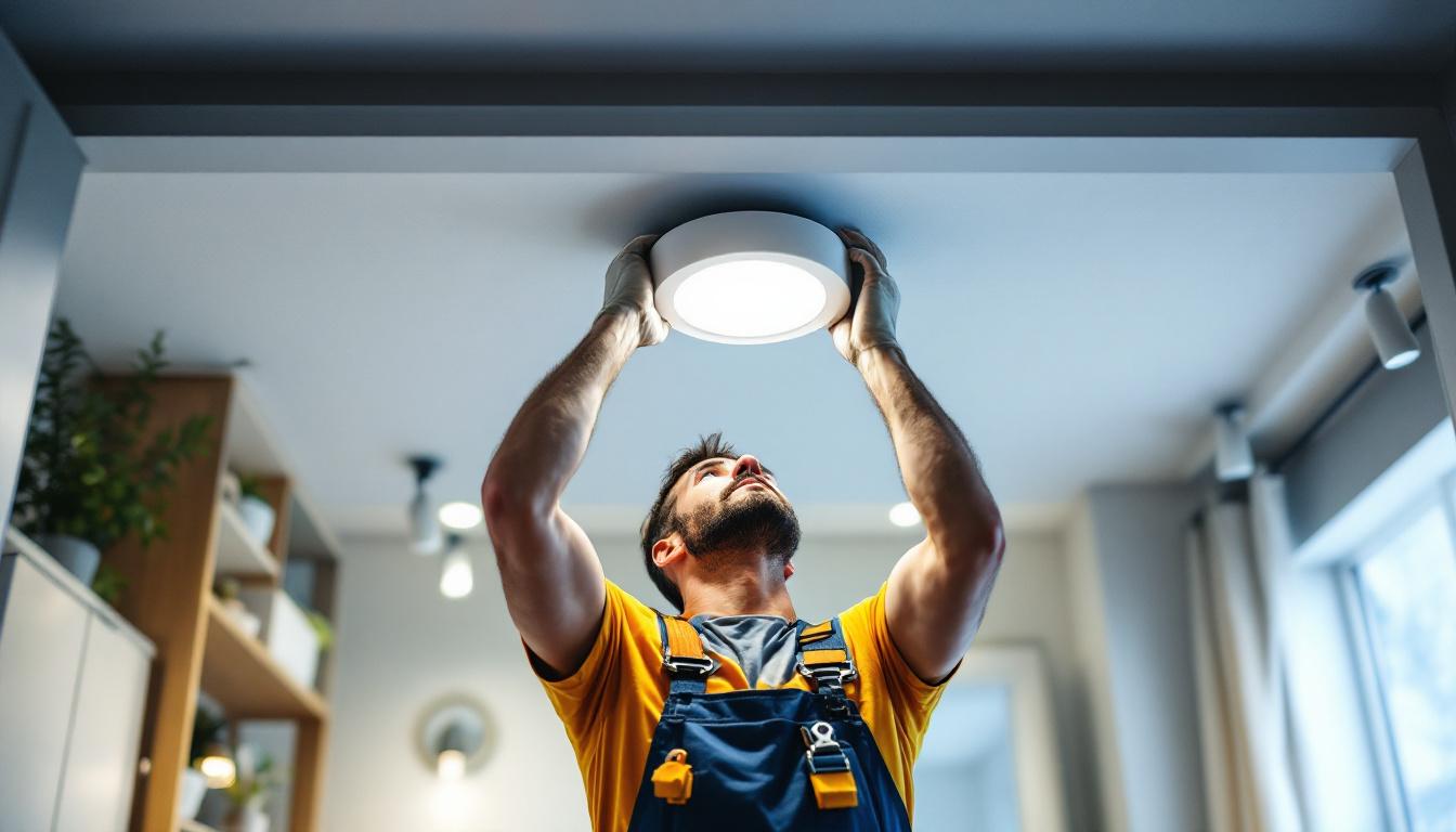 A photograph of a skilled lighting contractor carefully replacing a recessed light fixture in a modern ceiling