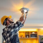 A photograph of a skilled lighting contractor installing a sleek recessed luminaire in a modern interior space