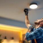 A photograph of a skilled lighting contractor installing stylish low-profile ceiling lights in a modern home setting