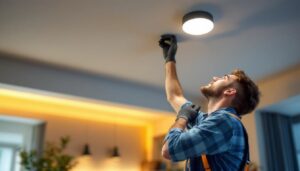 A photograph of a skilled lighting contractor installing stylish low-profile ceiling lights in a modern home setting