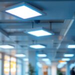 A photograph of a well-lit commercial space featuring multiple 2x4 led troffer lights installed in the ceiling