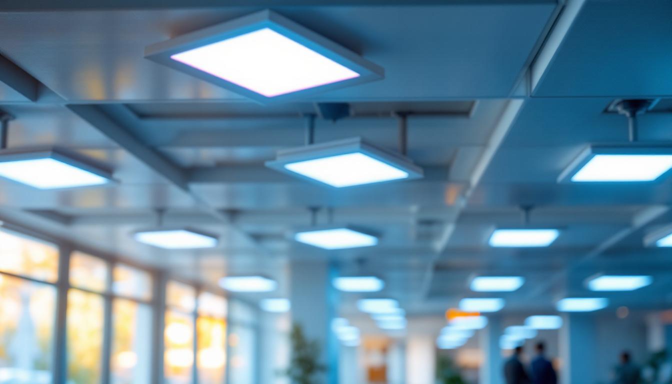 A photograph of a well-lit commercial space featuring multiple 2x4 led troffer lights installed in the ceiling
